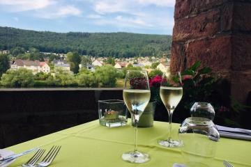 Ein gedeckter Tisch mit Weingläsern und Aussicht auf den Neckar