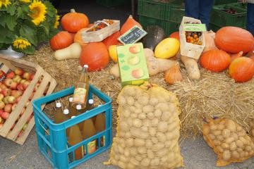 Die herbstliche Auslage eines Standes mit Kürbissen, Kartoffeln, Äpfeln und Apfelsaft