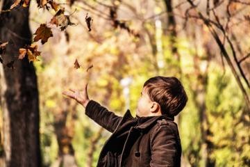 Symbolbild: Junge spielt mit Herbstlaub