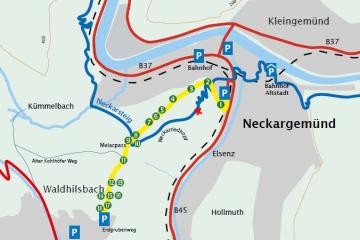 Ein Plan zeigt Wandermöglichkeiten zur Neckarriedkopfhütte