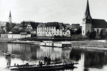 Neckar mit Fähre und Schwimmbad um 1920