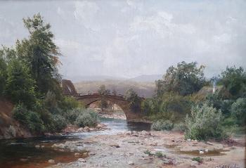 C. L. Fahrbach, Flussbett mit Steinbrücke, 1875