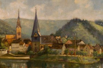 Altes Gemälde der Neckargemünder Altstadt mit Neckar